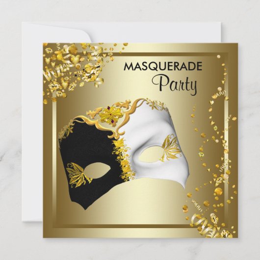 Invitation Masque de confettis noir or soirée masquée (Devant)