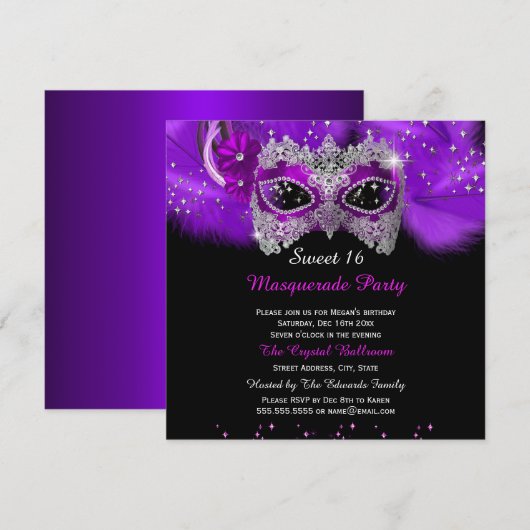 Invitation Masque de dentelle étincelante Purple Masquerade S (Devant / Derrière)