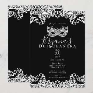 Invitation Masque de dentelle noir et blanc pour les 15 ans d
