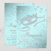 Invitation Masque de diamant bleu sarcelle Fête masquée (Devant / Derrière)