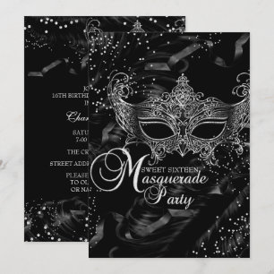 Invitation Masque de diamant noir argenté Mascarade Sweet 16