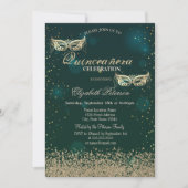 Invitation Masque de diamants dorés modernes Green Quinceañer (Devant)