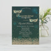 Invitation Masque de diamants dorés modernes Green Quinceañer (Debout devant)