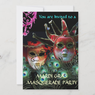 INVITATION MASQUE DE FEMME ROUGE ET BOUFFON AVEC PLUMES DE PA