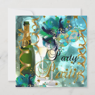 Invitation Masque de fête Champagne Bleu Or Mascarade