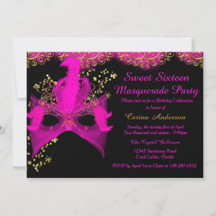 Invitation Masque de fête d'anniversaire Sweet 16 en or rose