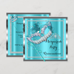 Invitation Masque de Fête de Quinceañera Mascarade Bleu Canar