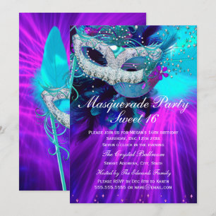 Invitation Masque de Fête Masquée aux Plumes de Couleur Turqu