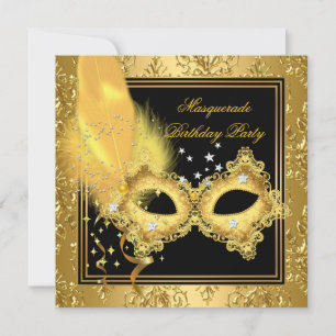 Invitation Masque de Fête Masquée Or Damassé Noir Jaune 2