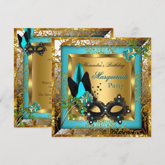Invitation Masque de Fête Masquée Or Sarcelle Noir Rose (Devant / Derrière)