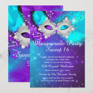 Invitation Masque de Fête "Sweet 16" Turquoise Violet Argent 