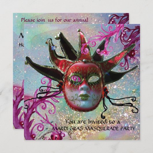 Invitation MASQUE DE JESTER ROUGE NOIR, Champagne de la Masqu (Devant / Derrière)