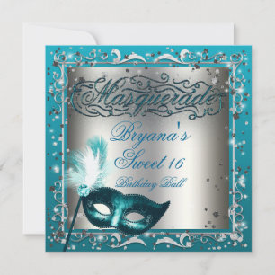 Invitation Masque de Mascarade Argent et Bleu Turquoise Fête 