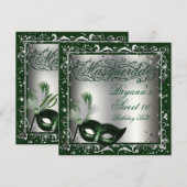 Invitation Masque de Mascarade Argent et Vert Fête d'Annivers (Devant / Derrière)