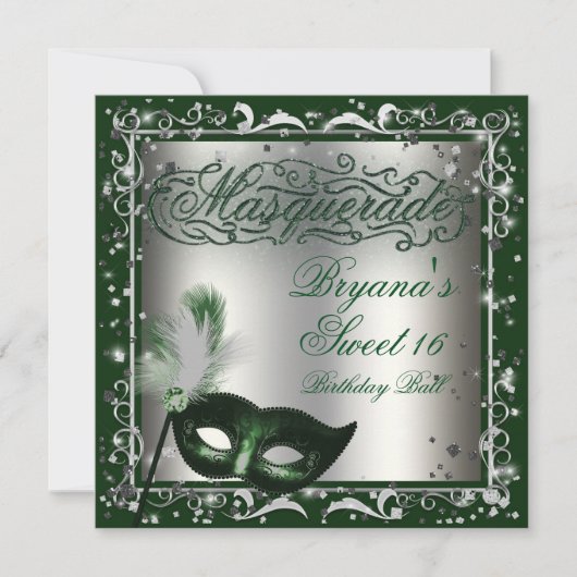 Invitation Masque de Mascarade Argent et Vert Fête d'Annivers (Devant)