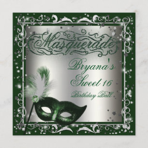 Invitation Masque de Mascarade Argent et Vert Fête d'Annivers