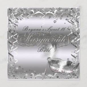 Invitation Masque de Mascarade Argentée Élégant Bal Fête d'An