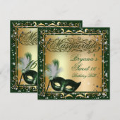 Invitation Masque de Mascarade Or & Vert Fête d'Anniversaire (Devant / Derrière)