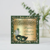 Invitation Masque de Mascarade Or & Vert Fête d'Anniversaire (Debout devant)