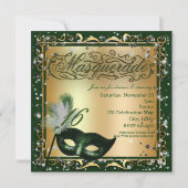 Invitation Masque de Mascarade Or & Vert Fête d'Anniversaire (Dos)