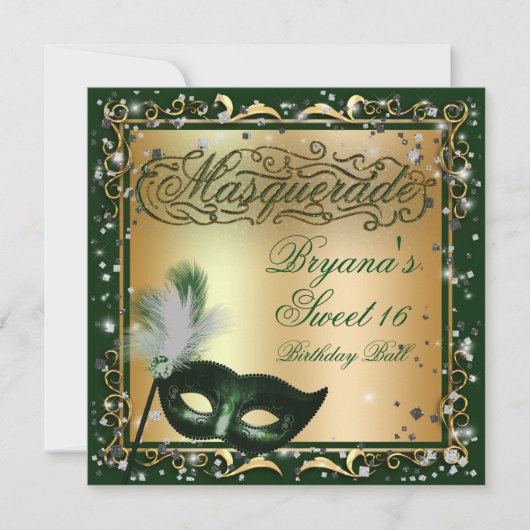 Invitation Masque de Mascarade Or & Vert Fête d'Anniversaire (Devant)