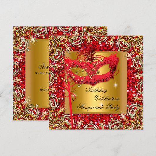 Invitation Masque de masquerade Masque doré Paillettes Rouge (Devant / Derrière)