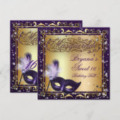Invitation Masque de masquerade or et violet Fête d'anniversa (Devant / Derrière)