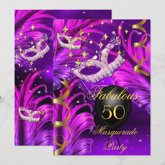Invitation Masque de masquerade rose violet pour un anniversa (Devant / Derrière)