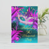 Invitation Masque de masquerade sarcelle violet rose Annivers (Debout devant)
