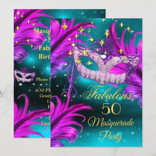 Invitation Masque de masquerade sarcelle violet rose Annivers (Devant / Derrière)