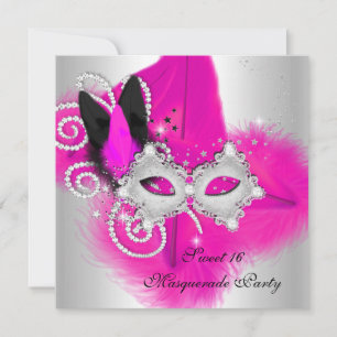 Invitation Masque de masquerade Sweet 16 rose chaud et noir à