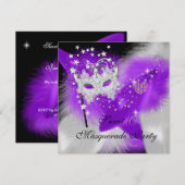 Invitation Masque de masquerade Sweet 16 Violet Blanc Plume (Devant / Derrière)
