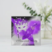 Invitation Masque de masquerade Sweet 16 Violet Blanc Plume (Debout devant)
