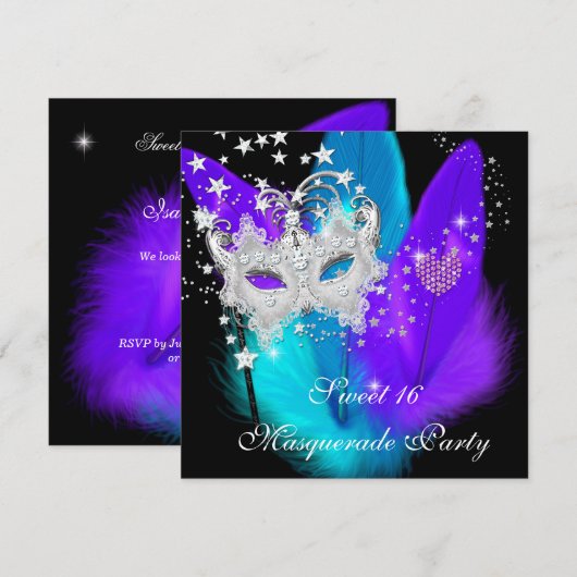 Invitation Masque de masquerade Sweet 16 violet sarcelle noir (Devant / Derrière)