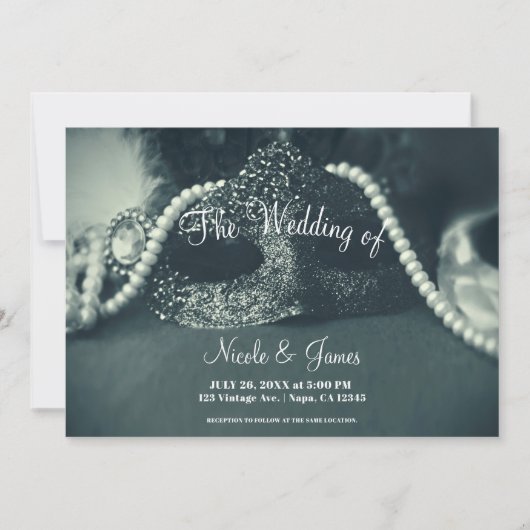 Invitation Masque de masquerade vert vintage perles mariage (Devant)