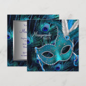 Invitation Masque de paon bleu sarcelle Fête masquée (Devant / Derrière)