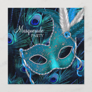 Invitation Masque de paon bleu sarcelle Fête masquée