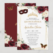 Invitation Masque de papillons floraux de Quinceañera Bourgog (Devant / Derrière)