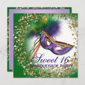 Invitation Masque de plumes Purple Sweet 16 Masquerade Party (Devant / Derrière)