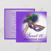 Invitation Masque de plumes Purple Sweet 16 Masquerade Party (Devant / Derrière)