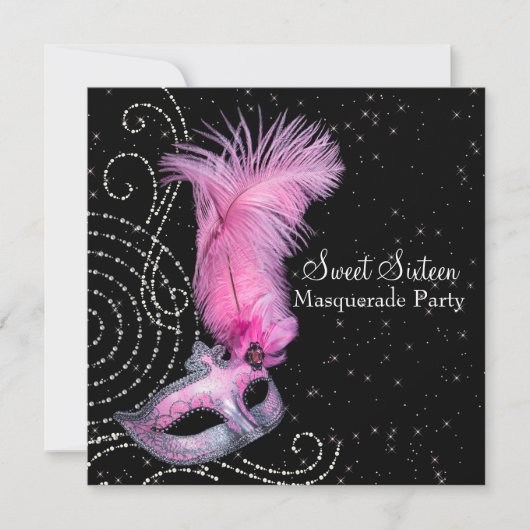 Invitation Masque de plumes rose Black Sweet 16 Masquerade Pa (Devant)
