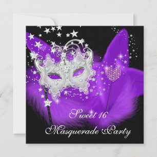 Invitation Masque de plumes violet noir Masquerade Sweet 16