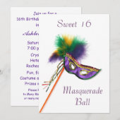 Invitation Masque de plumes violettes Sweet 16 Masquerade Par (Devant / Derrière)