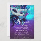 Invitation Masque de plumes violettes turquoises Anniversaire (Devant)