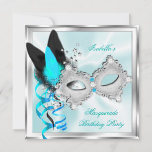 Invitation Masque de soirée bleu-vert argent noir