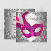 Invitation Masque de soirée rose chaud et argent (Devant / Derrière)