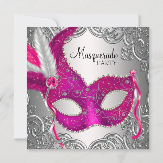 Invitation Masque de soirée rose chaud et argent (Devant)