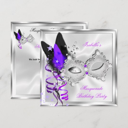 Invitation Masque de soirée Violet Argent Noir Masque 2 (Devant / Derrière)