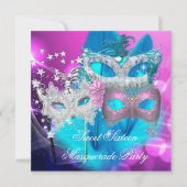 Invitation Masque de Sweet 16 Rose Violet Bleu Vert Masquerad (Devant)