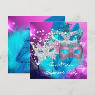 Invitation Masque de Sweet 16 Rose Violet Turquoise pour Masc